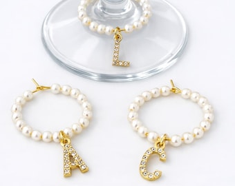 Wine Glass Charms Gold CZ Initial Party Favors for Bachelorette Bridal Shower, Bridesmaid Gifts, Pearl and Prosecco Wedding Drink Tags