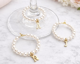 Wine Glass Charms Personalized Bachelorette Bridal Shower, Bridesmaid Gifts, Champagne Glass Party Favors Pearl and Prosecco Drink Marker