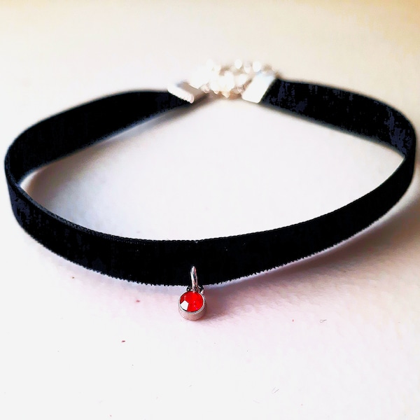 Black velvet choker, birthstone choker necklace, gift for girlfriend, Choker necklace for women, Thin black choker with birthstone for girls