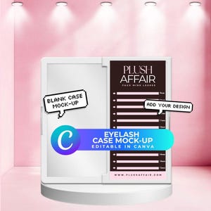 Könnte beinhalten: Ein weißes Wimpern-Case-Mockup mit dem Text "Blank Case Mock-Up" und "Eyelash Case Mock-Up Editable in Canva". Das Case hat eine Designtabelle mit Messungen von 9 mm bis 15 mm. Der Markenname "Plush Affair" ist sichtbar.