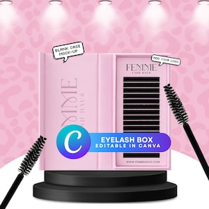 May include: A light pink rectangular eyelash extension box featuring the text FEMME LASH HAUS and a tray of black lashes, accompanied by two black mascara wands. The box includes text labels reading BLANK CASE MOCK-UP and ADD YOUR LOGO.
