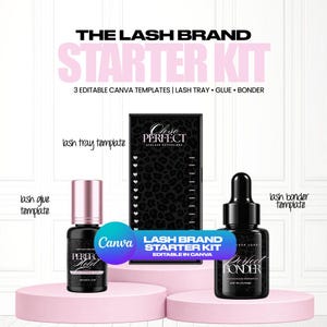 May include: A lash brand starter kit featuring three editable Canva templates for a lash tray, lash glue, and lash bonder. The kit includes a black lash tray with a leopard print, a black lash glue bottle with a pink cap, and a black lash bonder bottle with a dropper top.
