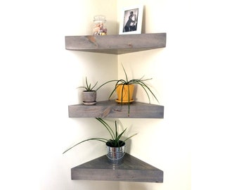 Rustic Wood Floating Corner Shelves: 25 Colors, Hardware Included