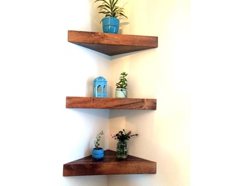 Rustic Floating Corner Shelves: Handmade Distressed Wood, 25 Colors