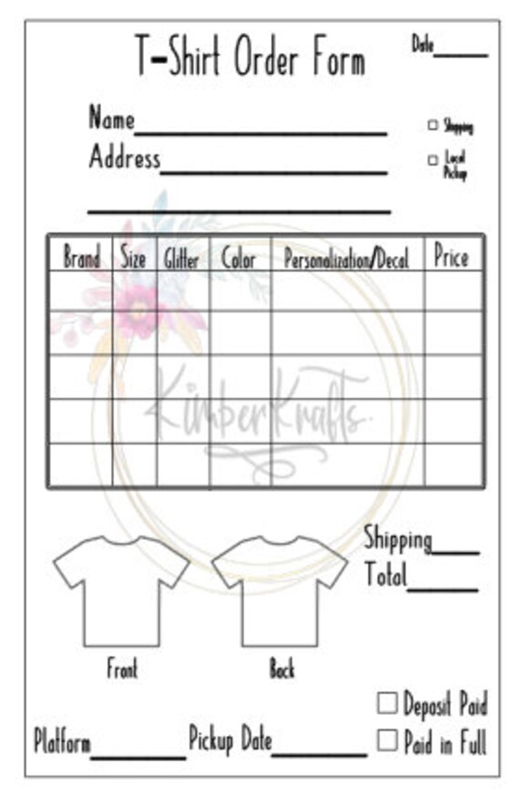 printable a5 order form t shirt etsy