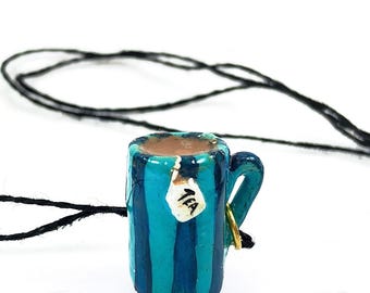 Tea Mug Necklace - Striped Teacup Pendant - Mini Mug - Polymer Clay Sculpture