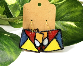 Mondrian-Inspired Polymer Clay Earrings : Suncatcher Earrings - Abstract Raindrop Pattern