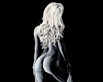 Nude Print of Hand Painted Black and White Canvas Wall Art 8x10 Acrylic Dramatic Beautiful Canvas Room Portrait Butt Life