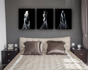 Set of Nude Prints of Hand Painted Nude Woman Black and White Canvas Wall Art Acrylic Dramatic Beautiful Canvas Room Portrait Butt Life