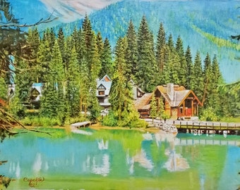 Original Oil Painting Emerald Lake Landscape – Mountain Cabin, Forest Reflection, Nature Art, Serene Lake Scene, 80  x 60 cm