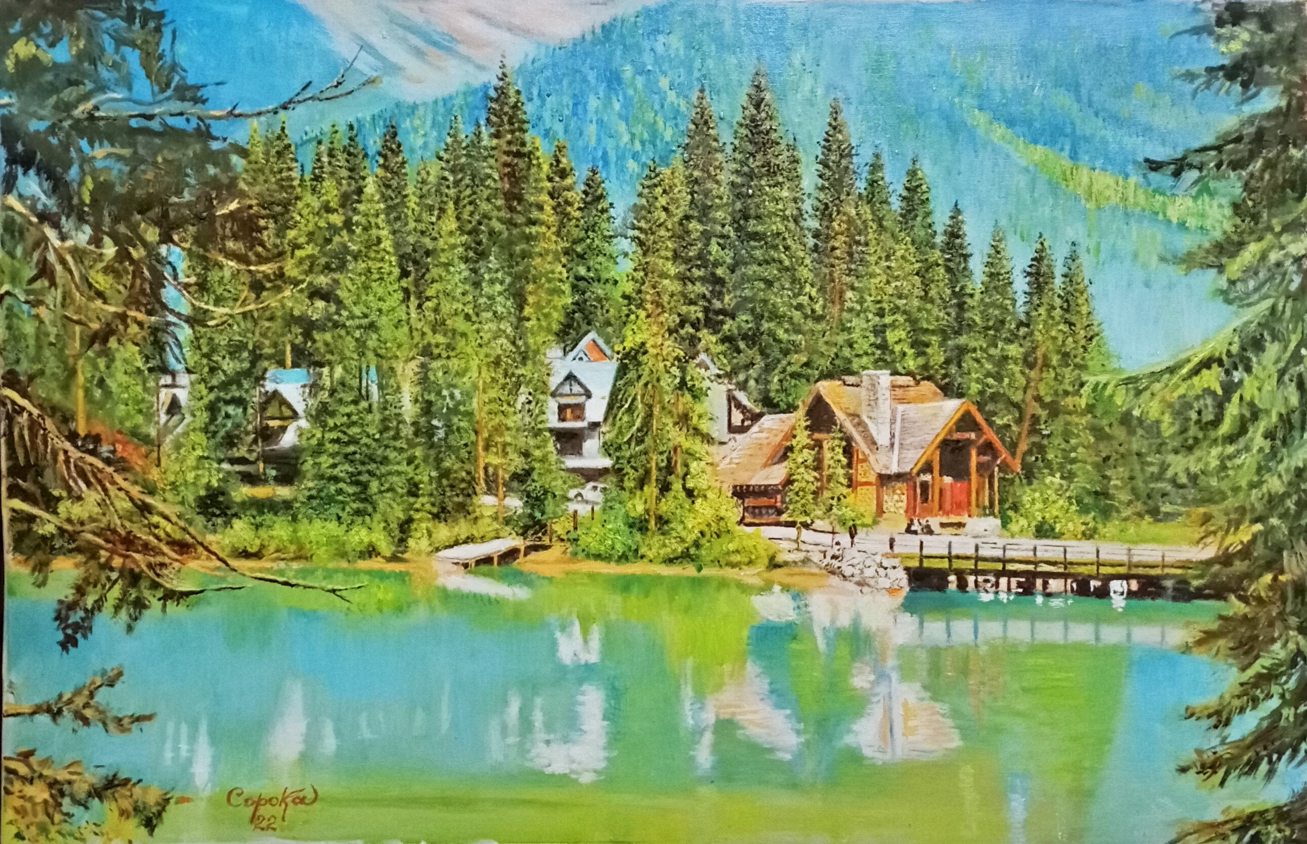 Original Oil Painting Emerald Lake Landscape – Mountain Cabin, Forest ...