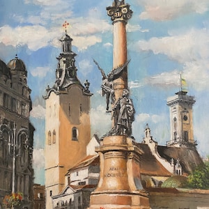 Lviv, Ukraine, monument of Adam Mickiewicz oil on canvas 50cmx60cm
