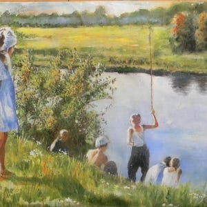 May include: A painting depicting a group of people by a river. A young girl in a white dress stands on the bank, while others are fishing or sitting by the water. The scene is painted in a realistic style with soft colours and brushstrokes.