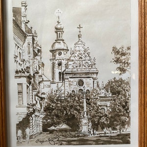 The Bernardine Church and Monastery, Lviv, Ukraine, watercolour, framed, 29x24cm