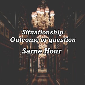 May include: A dark hallway with a grand chandelier hanging from the ceiling. The hallway is lined with ornate wooden walls and a patterned rug runs down the center. The text "Situationship Outcome or question Same Hour" is superimposed on the image.