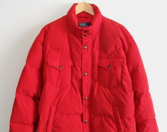 90s Vintage Polo Ralph Lauren Mens Western York Full Zip & Snap Buttoned Down Jacket Tag Size XL Red Winter Puffer Outerwear