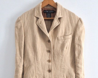 90s Vintage Ralph Lauren Womens Equestrian Horse Riding Jacket 100% Linen Made in U.S.A. Beige Size 4