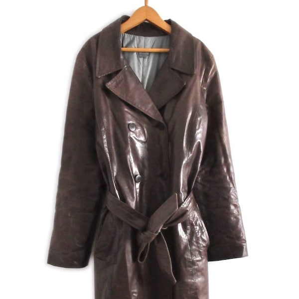 Vintage m0851 Trench-coat croisé entièrement doublé en cuir aniline italien pour femme avec ceinture veste marron foncé taille 10 Fabriqué au Canada