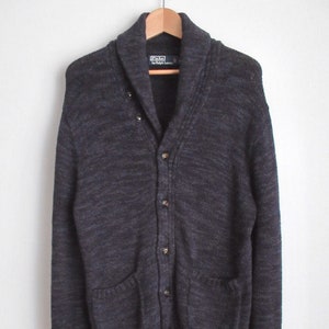 90s Vintage Polo Ralph Lauren Mens Shawl Collar 100% Cotton Knitted Cardigan Sweater Jumper Navy Tag Size L