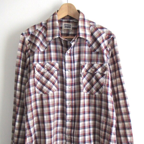 80s Vintage Levi's Womens White Tab Pearl Snap Multicolor Check Plaid Western Shirt Top Size L