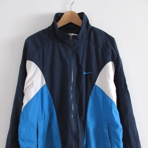 90s Vintage Nike Mens Fully-Lined Full Zip Windbreaker Jacket Embroidered Swoosh Logo Navy Blue White Size L