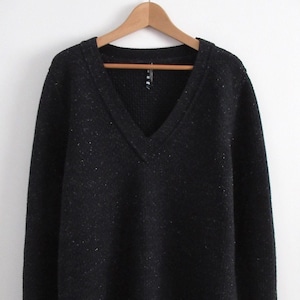 Vintage Saint James Mademoiselle Womens Silver Lamé Wool V-Neck Pullover Sweater Made in France Breton Jumper Navy Blue Size L-XL