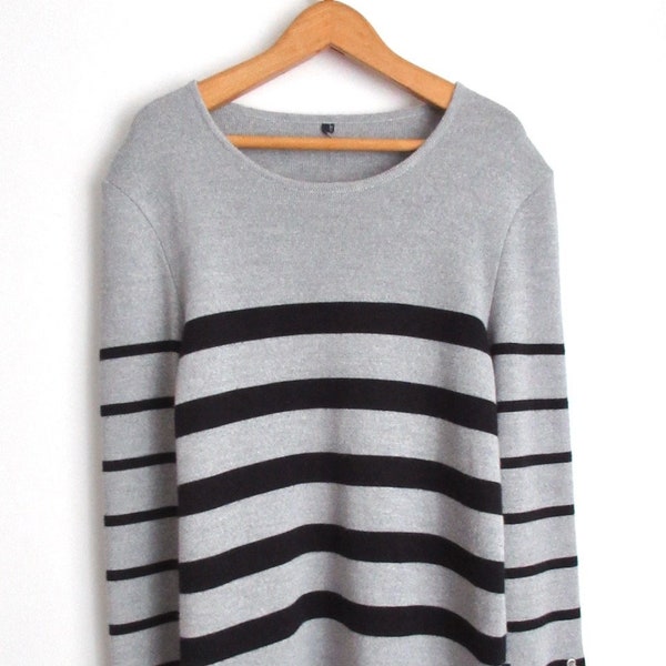 Vintage Saint James Mademoiselle Womens Striped Wool Blend Knitted Pullover Sweater Jumper Made in France Grey Black S M Nautical Breton