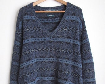 Années 90 vintage Polo Ralph Lauren Mens Sud-Ouest à motifs Coton Soie Lin Mélange Tricoté Pull Pull Jumper Navy Taille XL