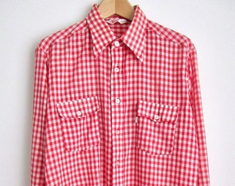 70s Vintage Levi's Mens Button Front Gingham Check Western Shirt Made in U.S.A. Red White Size L