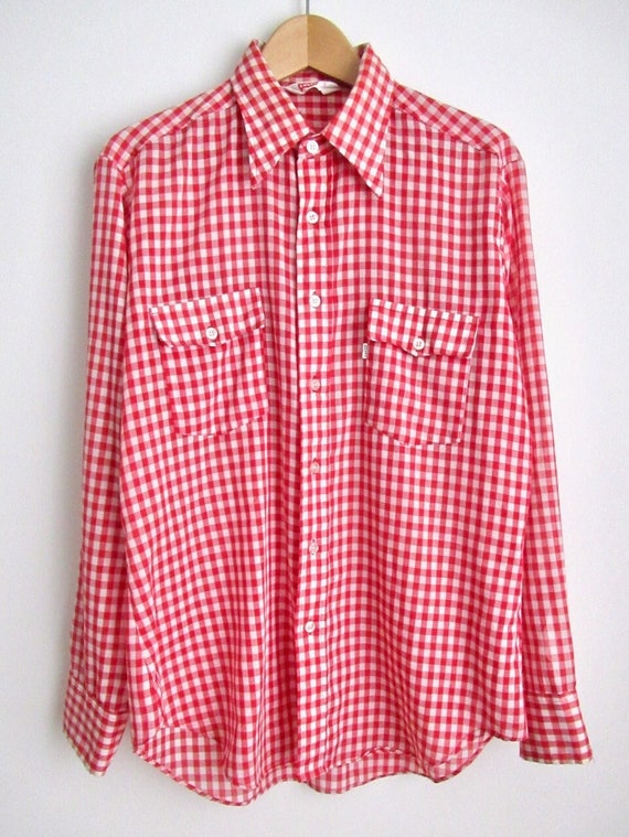 70s Vintage Levi's Mens Button Front Gingham Chec… - image 1