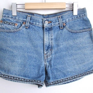 90s Vintage Levi&#39;s Womens High Rise Jean Denim Shorts Made in U.S.A. Blue Tag Size 9 (fits like W30&quot;) Classic High Waist Short Pants