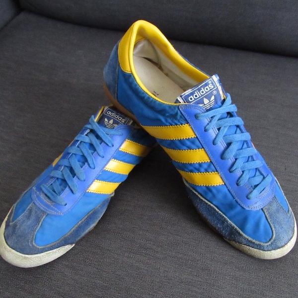 70s Rare Vintage Adidas Mens Montreal 1976 Olympic Model Trainer Shoes Size 10 Blue Yellow Nylon Suede Leather Sneaker