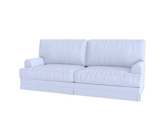 Könnte beinhalten: Ein hellblaues Stoff-Sofa mit einer gesteppten Rückenlehne und einem Rock um den Boden.