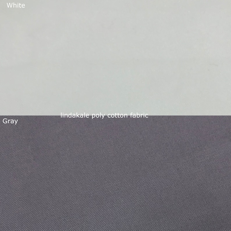 May include: Close-up of a white and grey fabric swatch. The fabric is a poly-cotton blend. The text "lindakale poly-cotton fabric" is printed on the swatch.