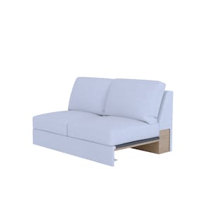 May include: A light blue fabric sofa with two cushions and a wooden base. The sofa is in a reclined position.