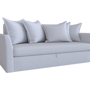 May include: A light grey fabric sofa with four white cushions. The sofa has a pull-out bed feature.
