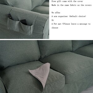 May include: A green sofa with a gray pet mat on the seat. The sofa has a pocket on the armrest for storing a remote control or other small items. The text on the image reads: "Free gift come with the cover Made in the same fabric as the covers We offer A arm organizer (default choice) Or A Pet mat (Please leave a message to choose".