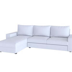 May include: A white sectional sofa with three cushions and a chaise lounge. The sofa has a simple, modern design.