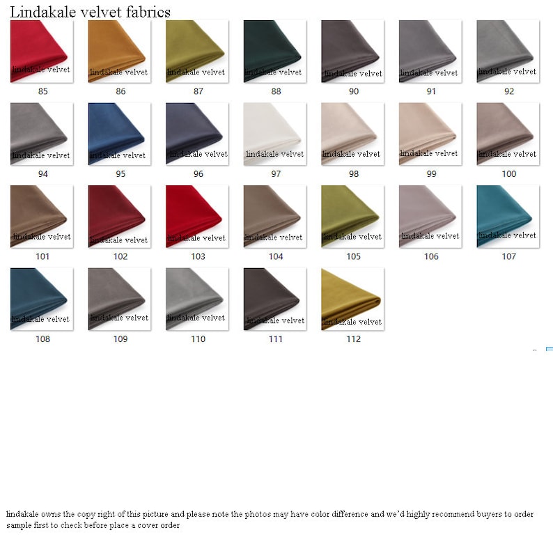May include: A chart of 112 different colors of velvet fabric swatches. The swatches are arranged in rows of 7, with each swatch labeled with a number from 85 to 112. The text "Lindakale velvet fabrics" appears at the top of the chart.