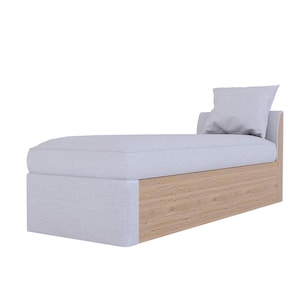 May include: A modern chaise lounge with a light gray upholstered cushion and a matching pillow. The base is constructed of light-colored wood. The design is minimalist and contemporary.