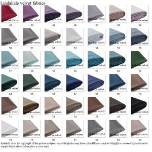 May include: A collection of 84 fabric swatches in various colors and textures. The swatches are labeled with numbers 43 through 84. The text "lindakale velvet fabrics" is at the top of the image.