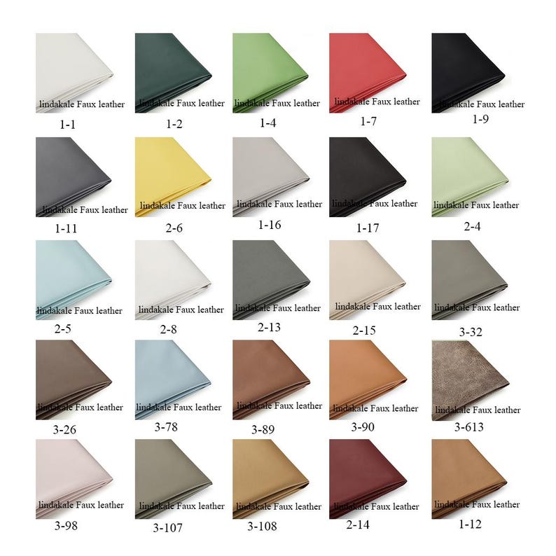May include: A collection of 20 different faux leather swatches in various colours, including beige, brown, grey, green, red, and yellow. Each swatch is labelled with a number and the words "lindakale Faux leather".