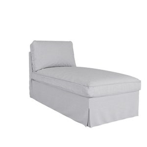 May include: A light gray chaise lounge with a tufted back and a pleated skirt. The chaise lounge is made of fabric and has a simple, modern design.