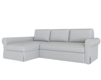 May include: A light gray sectional sofa with three cushions and a chaise lounge. The sofa has a tufted design and a slightly rounded armrest.