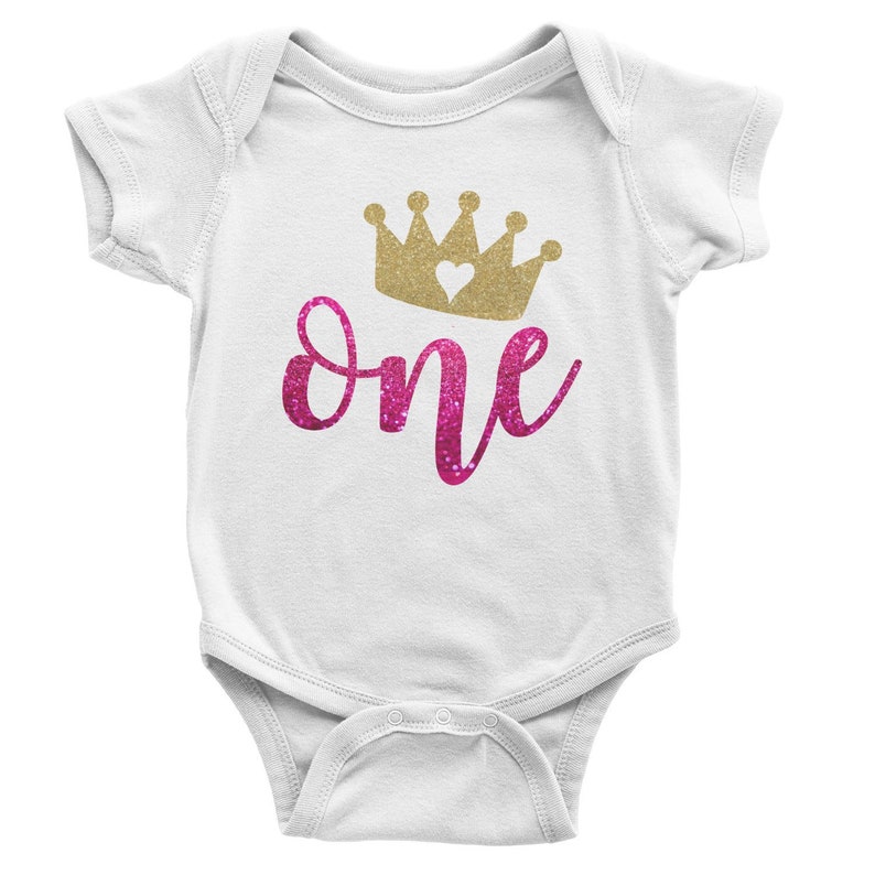 One First Birthday Glitter Pink and Gold 1st Birthday Baby Bodysuit Golden Crown