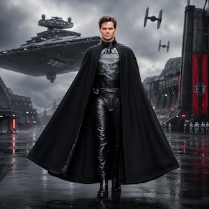 May include: A black costume featuring a long, flowing cape, a structured chest piece, and fitted trousers. The ensemble is crafted from a smooth, dark material with a subtle sheen, worn with matching black boots in a futuristic, industrial setting.