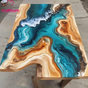 Epoxy Ocean River Map Center Couchtisch Handgefertigte Möbelplatte, Wohnkultur Epoxy Esstisch Epoxy Resin Live Edge Beach Themed Table