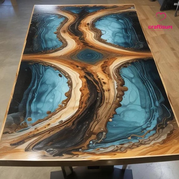 Epoxy Resin River Dining Table: Live Edge Wood, Ocean Blue