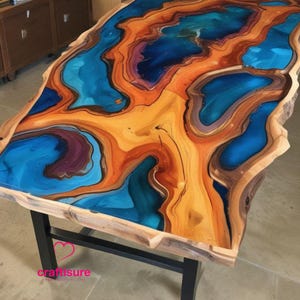 Epoxid-Esstischplatte, Live-Edge-Epoxidharz-Kaffeetischplatte, benutzerdefinierter Harz-Ozean-Flusstisch, Holzstein-Strand Themenkarte Blauer Tisch