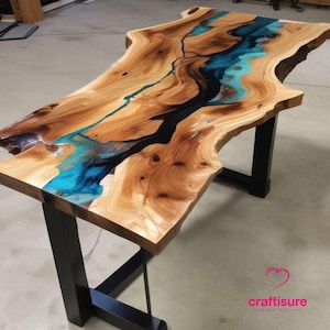 Epoxy Esstisch Top, Epoxidharz Couchtisch, Live Edge Epoxidharz Ocean River Tisch, Holz Stein Strand Themed Map Blue Tisch